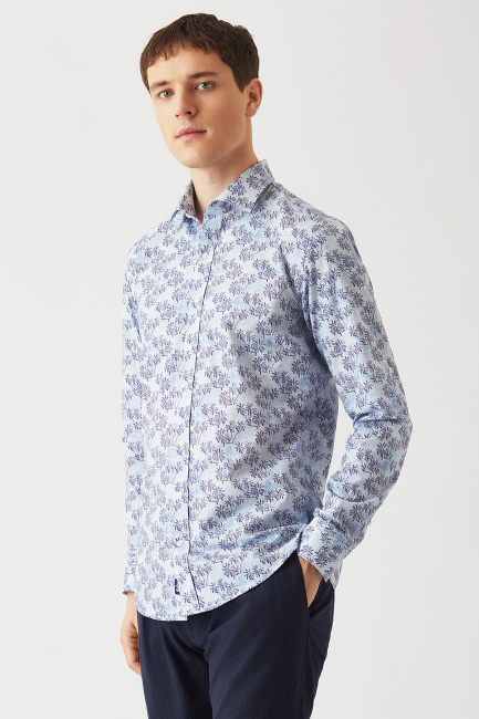 Slim Fit Mavi Spor Erkek Gömlek - 3