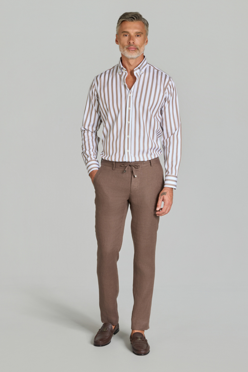 Erkek Taba Rengi Lastikli Bağcıklı Spor Keten Pantolon