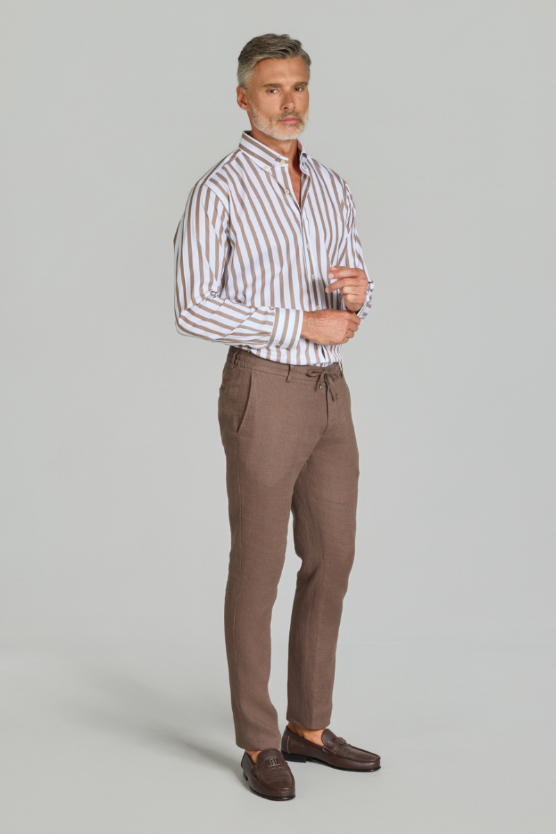 Erkek Taba Rengi Lastikli Bağcıklı Spor Keten Pantolon - 3