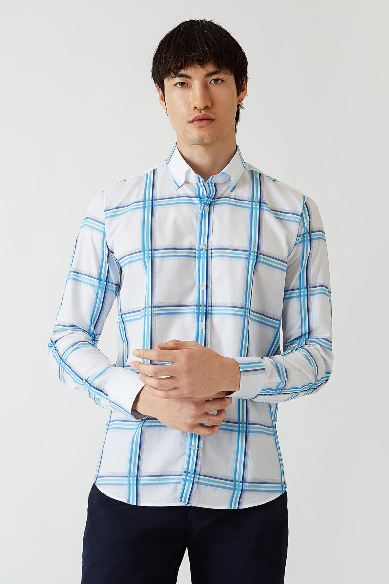 Erkek Turkuaz Paşa Yaka Regular Fit Pamuk Spor Gömlek