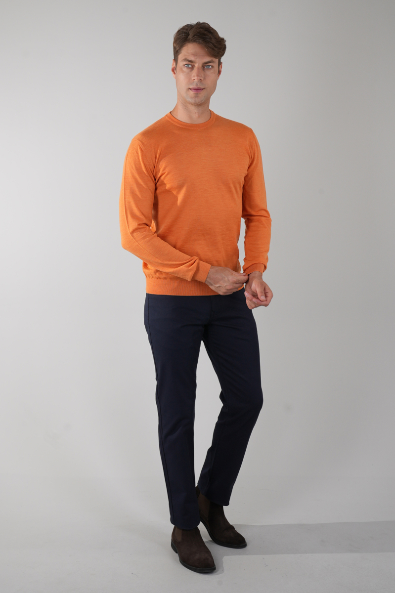 Erkek Turuncu Bisiklet Yaka Yün Triko - 5