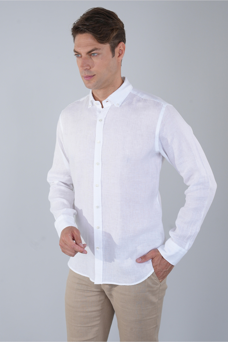 Erkek Uzun Kol Paşa Yaka Cepsiz Sedef Düğme Gömlek Beyaz