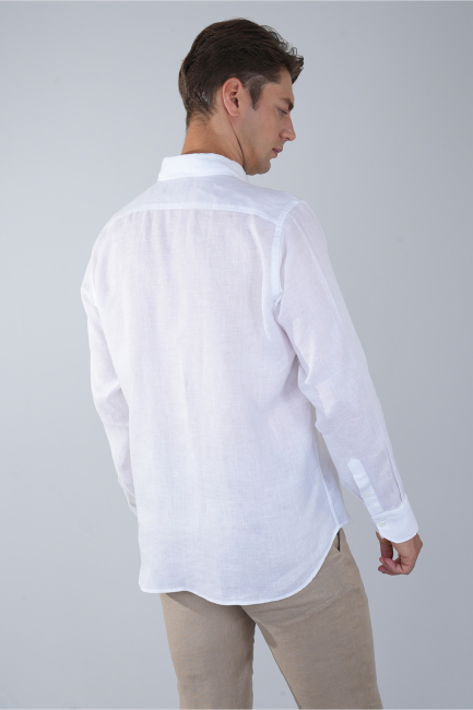 Erkek Uzun Kol Paşa Yaka Cepsiz Sedef Düğme Gömlek Beyaz - 2