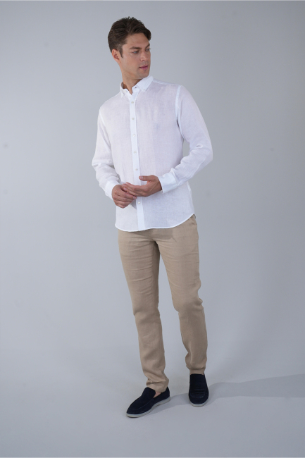 Erkek Uzun Kol Paşa Yaka Cepsiz Sedef Düğme Gömlek Beyaz - 5