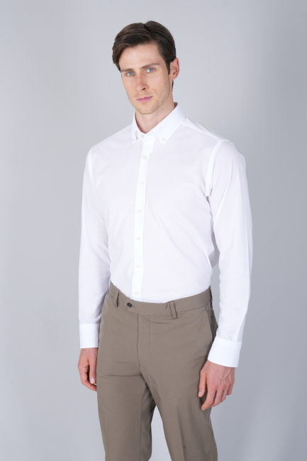 Erkek Uzun Kol Paşa Yaka Pamuk Örme Cepsiz Beyaz Gömlek 