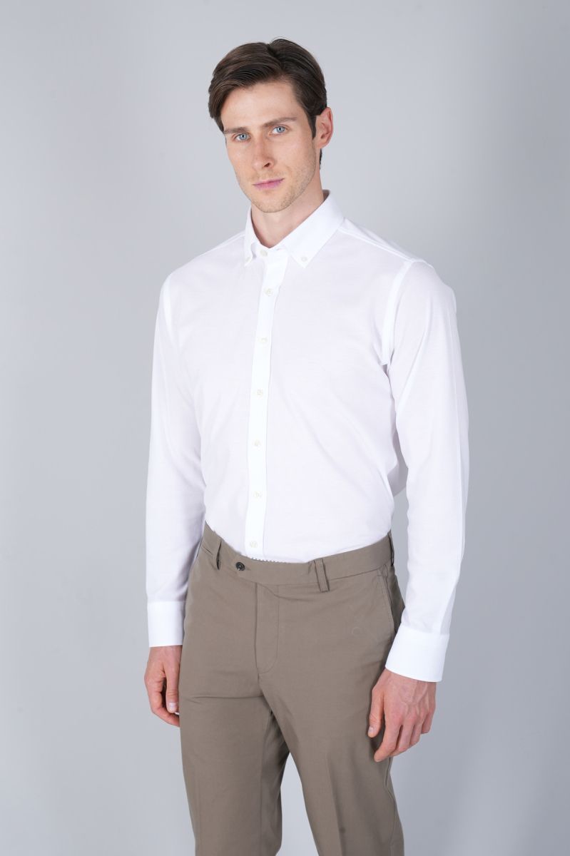 Erkek Uzun Kol Paşa Yaka Pamuk Örme Cepsiz Beyaz Gömlek