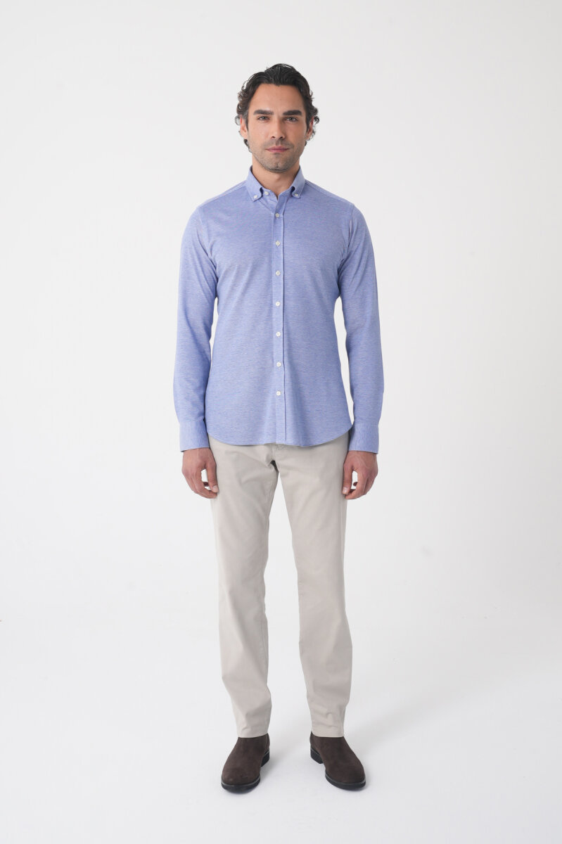 Erkek Uzun Kol Paşa Yaka Pamuk Örme Cepsiz İndigo Gömlek (1)