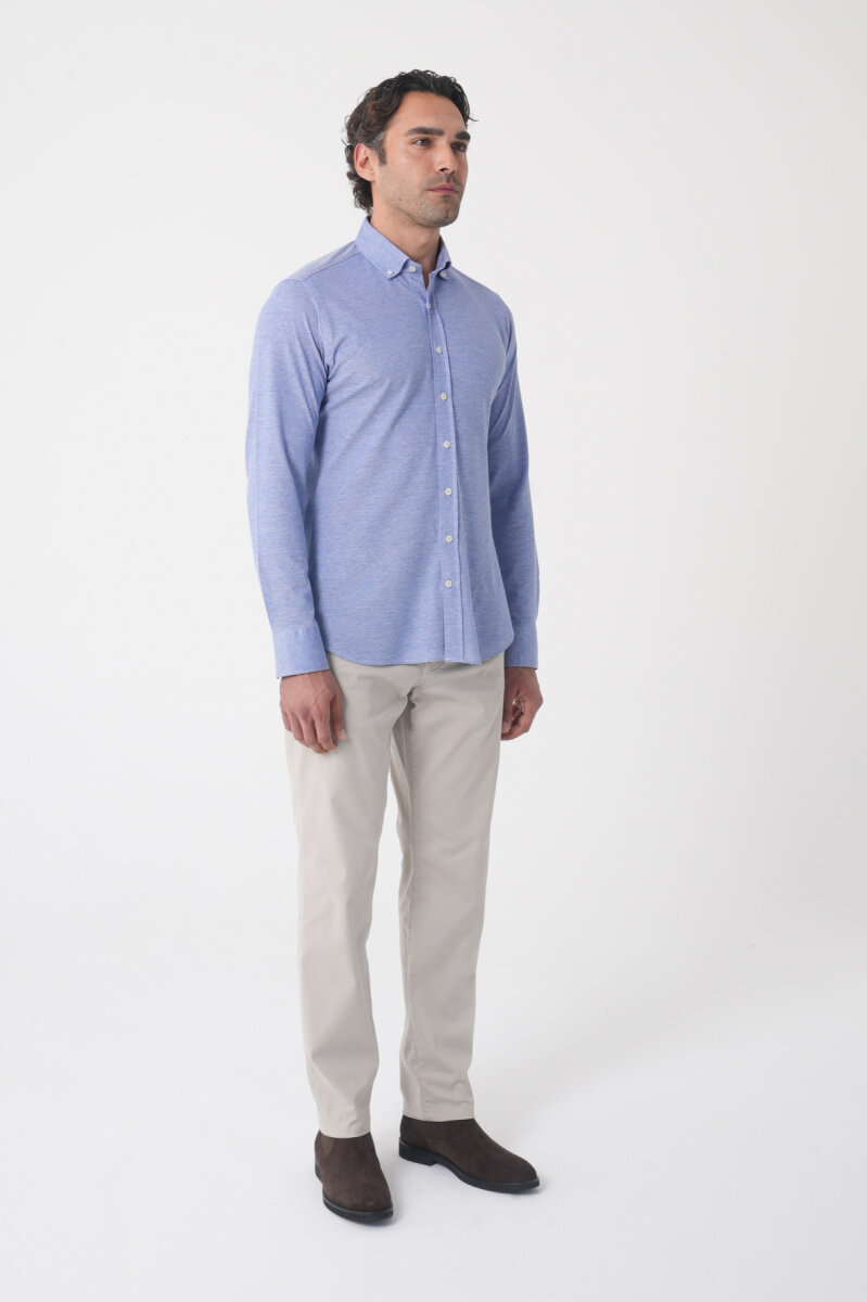 Erkek Uzun Kol Paşa Yaka Pamuk Örme Cepsiz İndigo Gömlek - 3