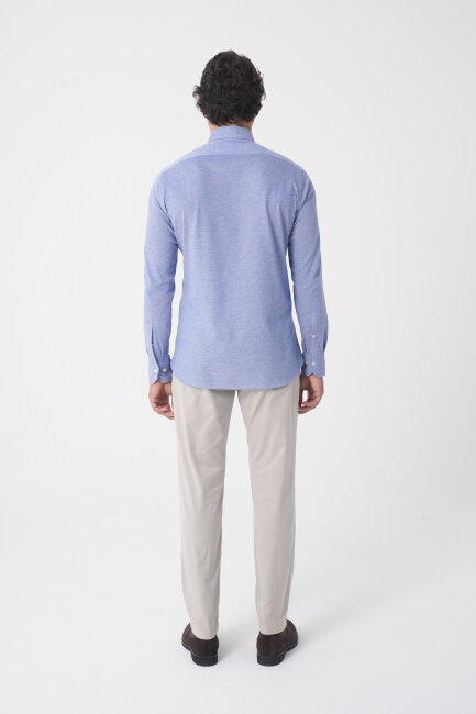 Erkek Uzun Kol Paşa Yaka Pamuk Örme Cepsiz İndigo Gömlek - 4