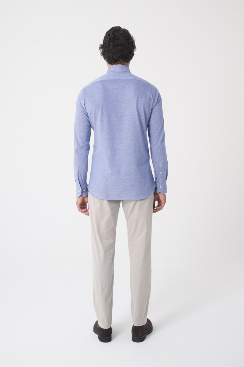 Erkek Uzun Kol Paşa Yaka Pamuk Örme Cepsiz İndigo Gömlek - 4