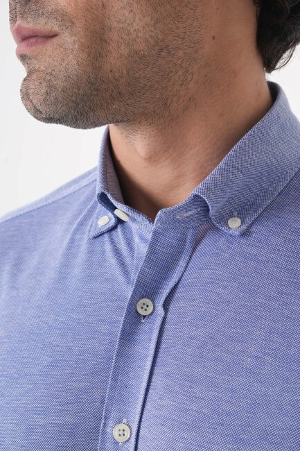 Erkek Uzun Kol Paşa Yaka Pamuk Örme Cepsiz İndigo Gömlek - 5