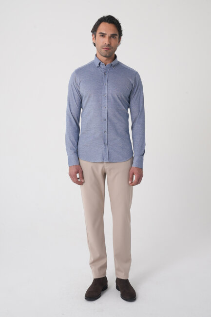 Erkek Uzun Kol Paşa Yaka Pamuk Örme Cepsiz Lacivert Gömlek - 3