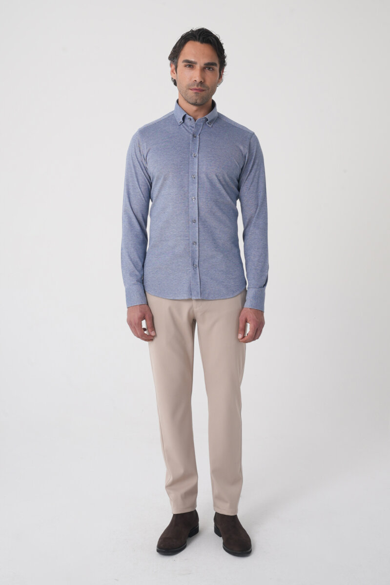 Erkek Uzun Kol Paşa Yaka Pamuk Örme Cepsiz Lacivert Gömlek - 3