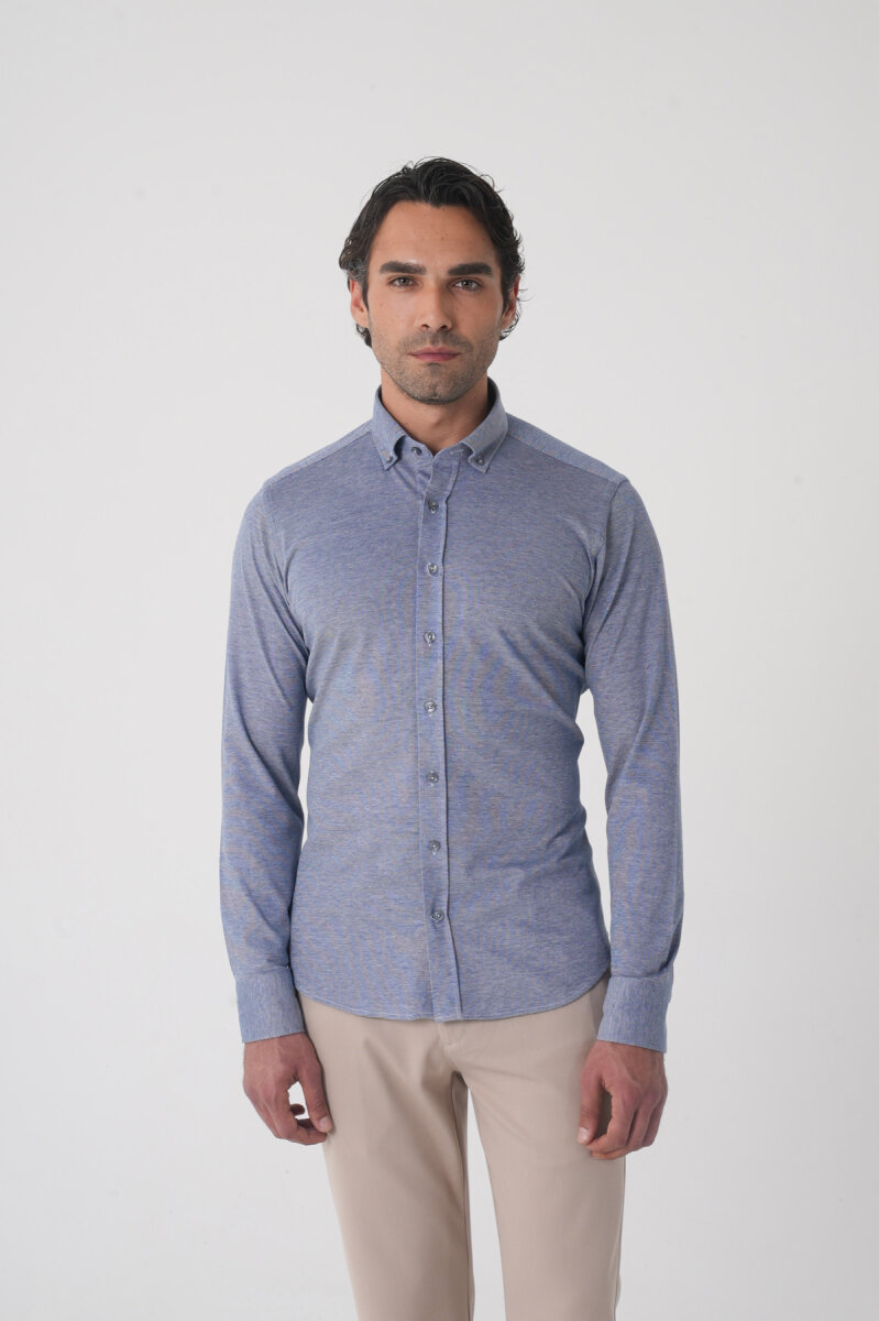 Erkek Uzun Kol Paşa Yaka Pamuk Örme Cepsiz Lacivert Gömlek