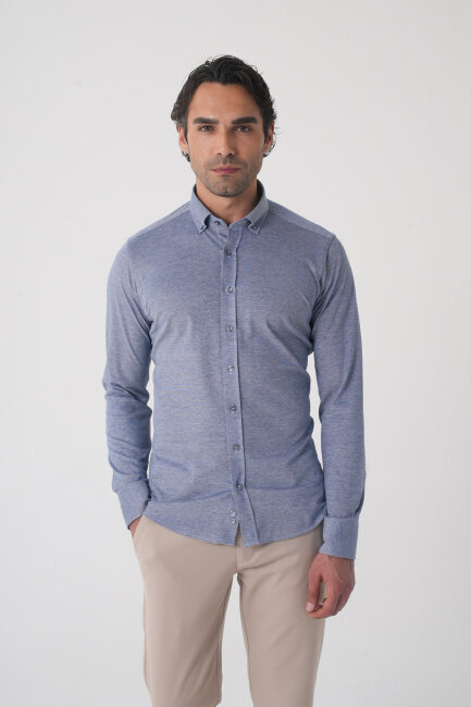 Erkek Uzun Kol Paşa Yaka Pamuk Örme Cepsiz Lacivert Gömlek (1)