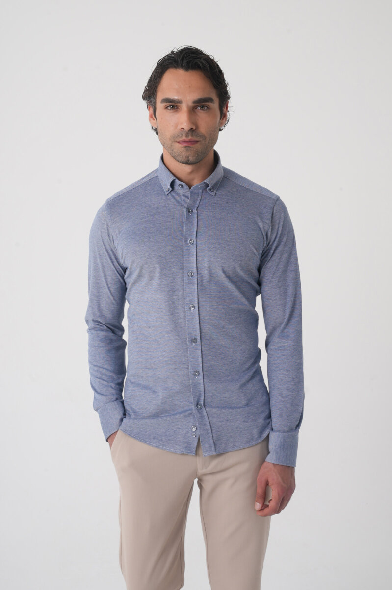 Erkek Uzun Kol Paşa Yaka Pamuk Örme Cepsiz Lacivert Gömlek (1)