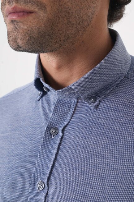 Erkek Uzun Kol Paşa Yaka Pamuk Örme Cepsiz Lacivert Gömlek - 6