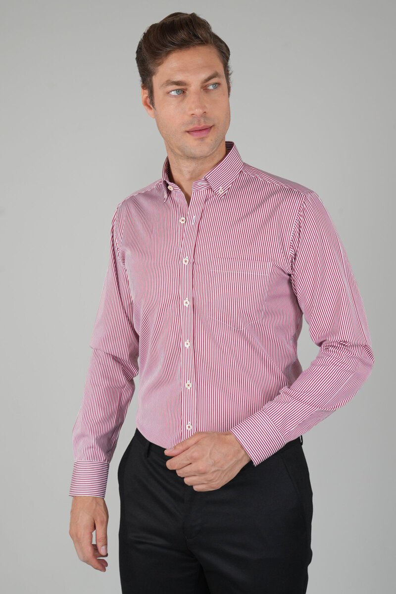 Erkek Uzun Kollu Bordo Çizgili Pamuk Gömlek - 1