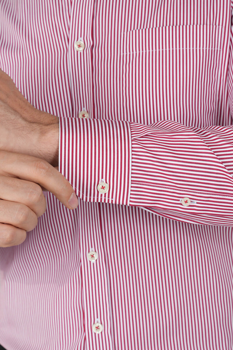 Erkek Uzun Kollu Bordo Çizgili Pamuk Gömlek - 2