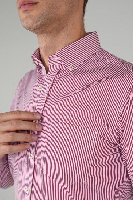 Erkek Uzun Kollu Bordo Çizgili Pamuk Gömlek - 3