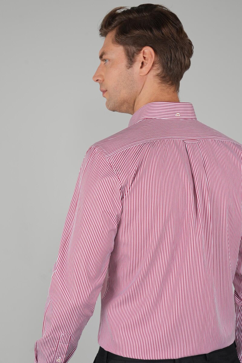Erkek Uzun Kollu Bordo Çizgili Pamuk Gömlek - 4