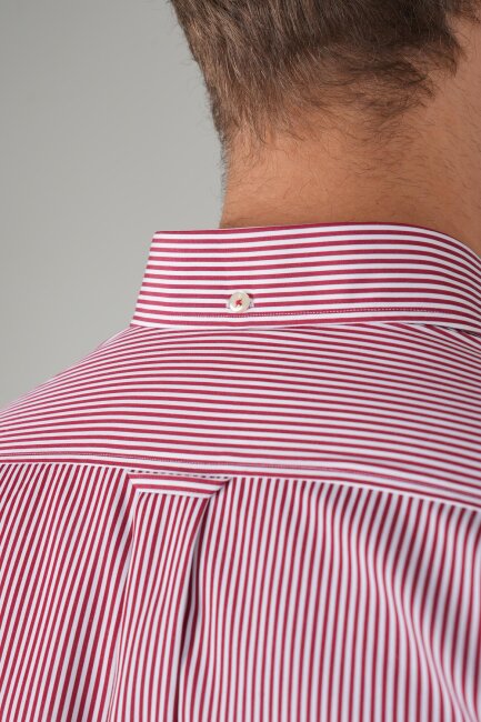 Erkek Uzun Kollu Bordo Çizgili Pamuk Gömlek - 5