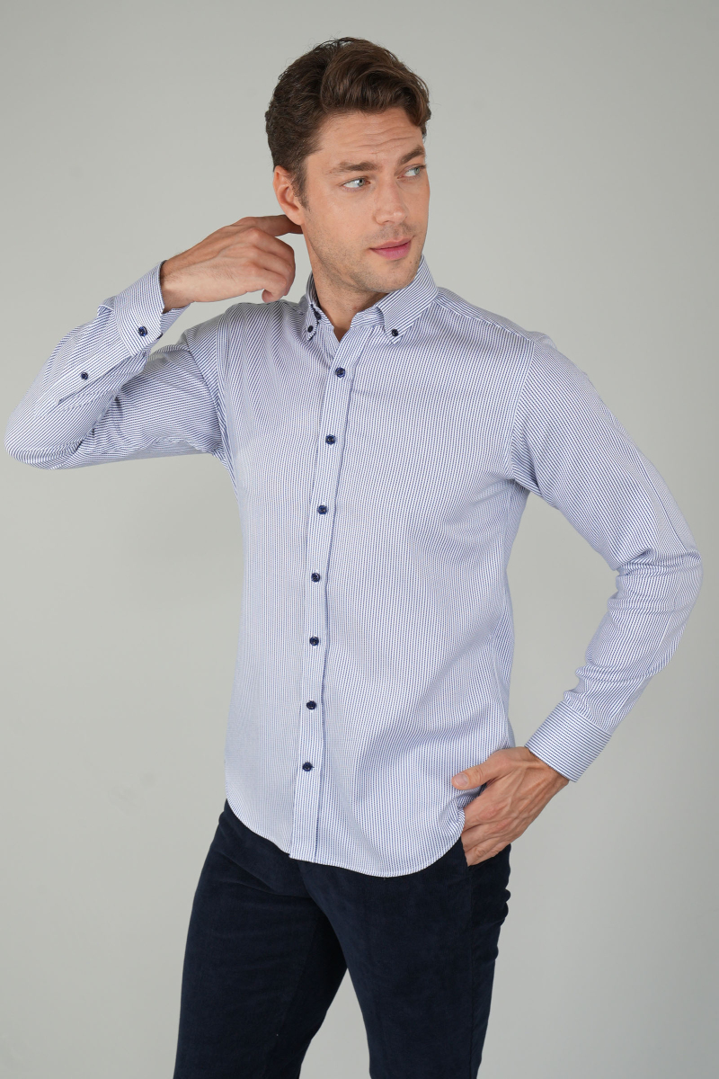 Erkek Uzun Kollu Lacivert Düğmeli Pamuk Gömlek - 1