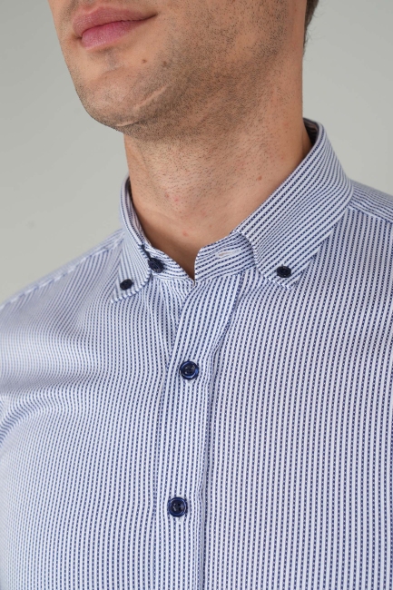 Erkek Uzun Kollu Lacivert Düğmeli Pamuk Gömlek - 3