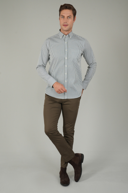 Erkek Uzun Kollu Düğmeli Paşa Yaka Yeşil Çizgili Gömlek - 5