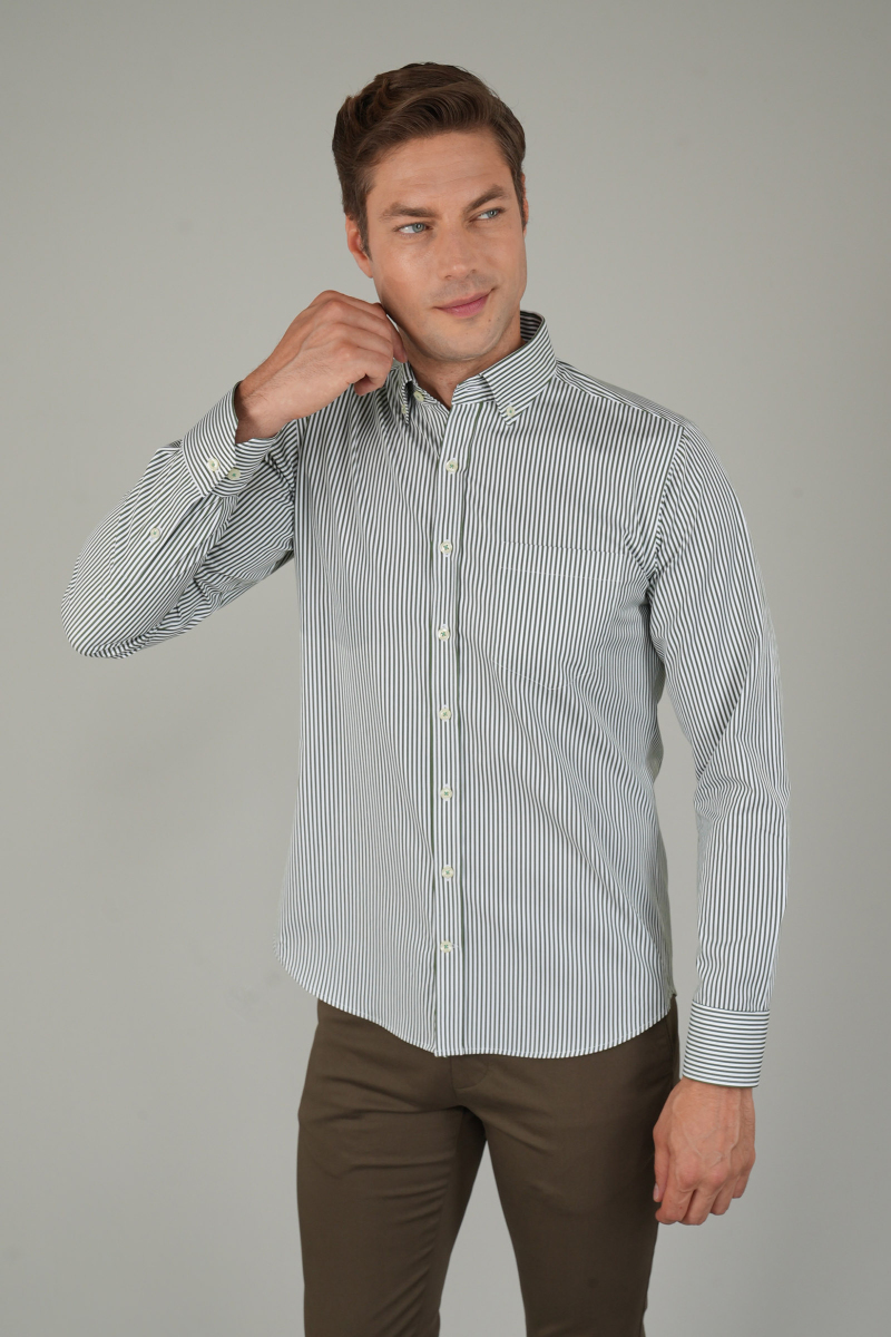 Erkek Uzun Kollu Düğmeli Paşa Yaka Yeşil Çizgili Gömlek - 1