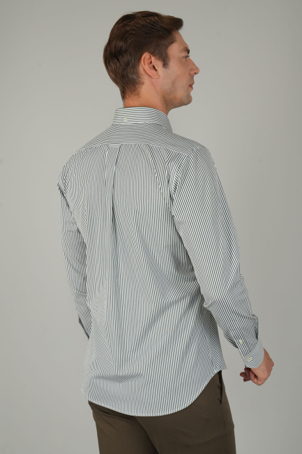 Erkek Uzun Kollu Düğmeli Paşa Yaka Yeşil Çizgili Gömlek (1)