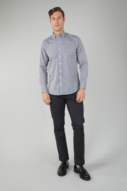 Erkek Uzun Kollu İtalyan Yaka Siyah Çizgili Pamuk Gömlek - 4