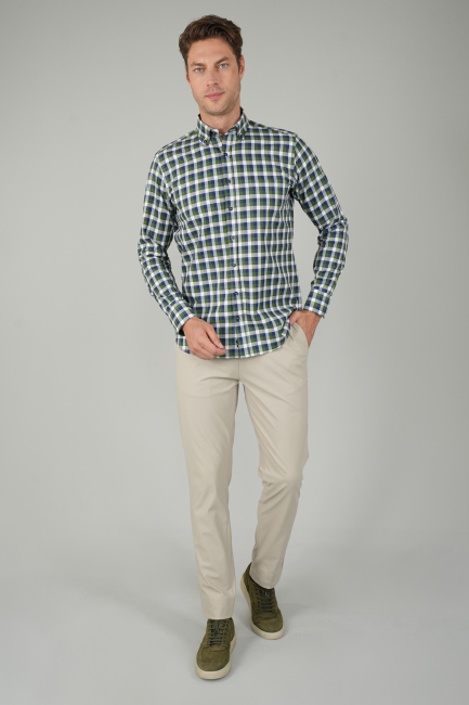 Erkek Uzun Kollu Kareli Spor Pamuk Gömlek Yeşil - 5