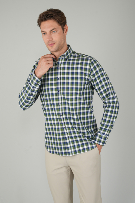 Erkek Uzun Kollu Kareli Spor Pamuk Gömlek Yeşil - 1