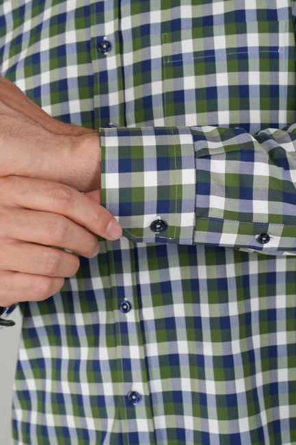 Erkek Uzun Kollu Kareli Spor Pamuk Gömlek Yeşil - 4