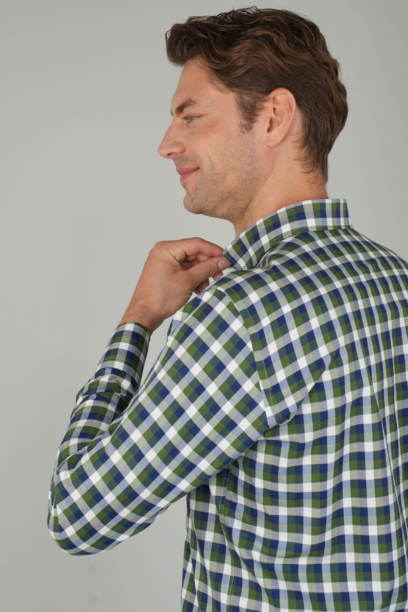 Erkek Uzun Kollu Kareli Spor Pamuk Gömlek Yeşil (1)