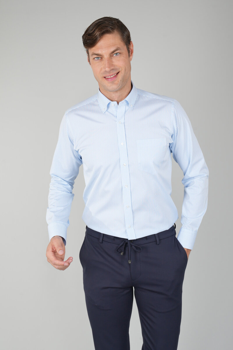 Erkek Uzun Kollu Mavi Çizgili Pamuk Gömlek - 1