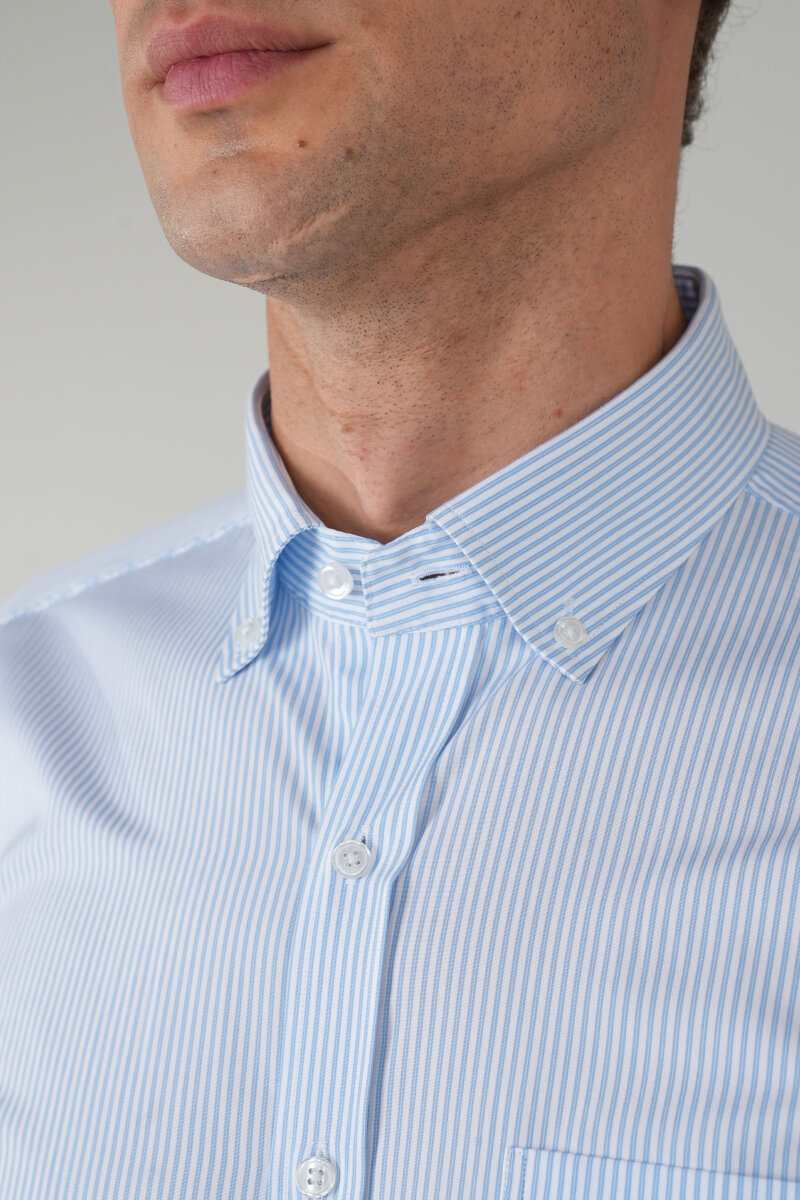 Erkek Uzun Kollu Mavi Çizgili Pamuk Gömlek - 3