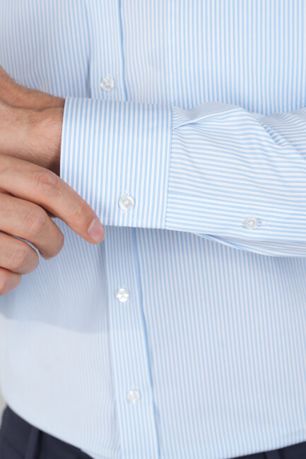 Erkek Uzun Kollu Mavi Çizgili Pamuk Gömlek - 4