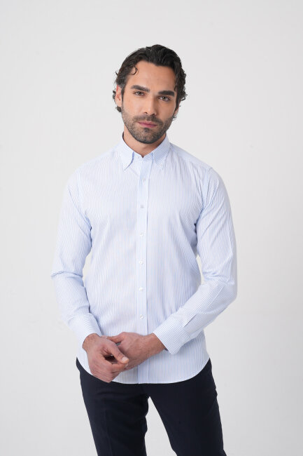 Erkek Uzun Kollu Mavi Desenli Regular Fit Gömlek - 3