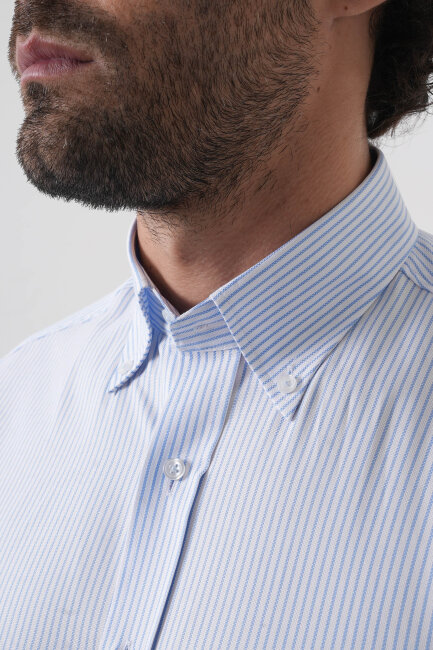 Erkek Uzun Kollu Mavi Desenli Regular Fit Gömlek - 7