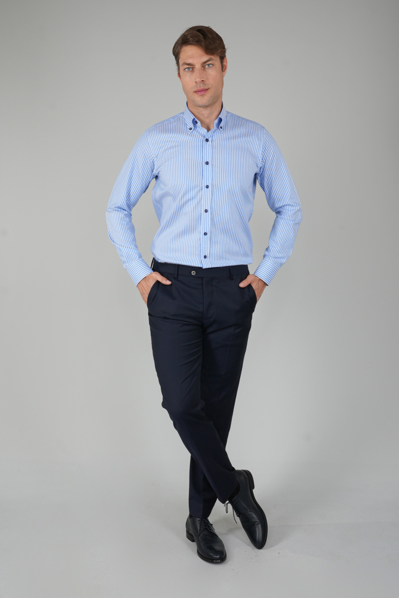 Erkek Uzun Kollu Pamuk Mavi Çizgili Gömlek - 5
