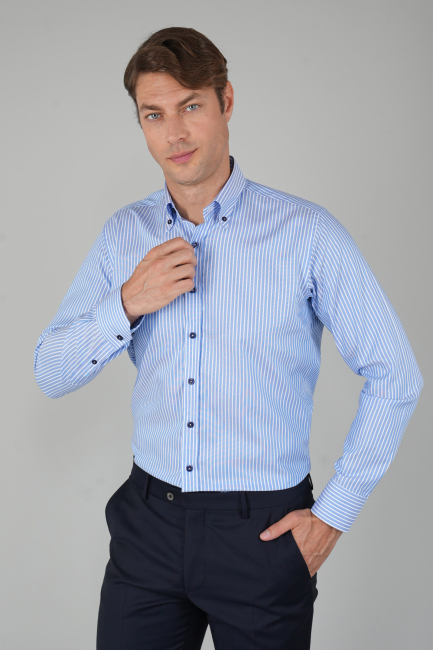 Erkek Uzun Kollu Pamuk Mavi Çizgili Gömlek - 1