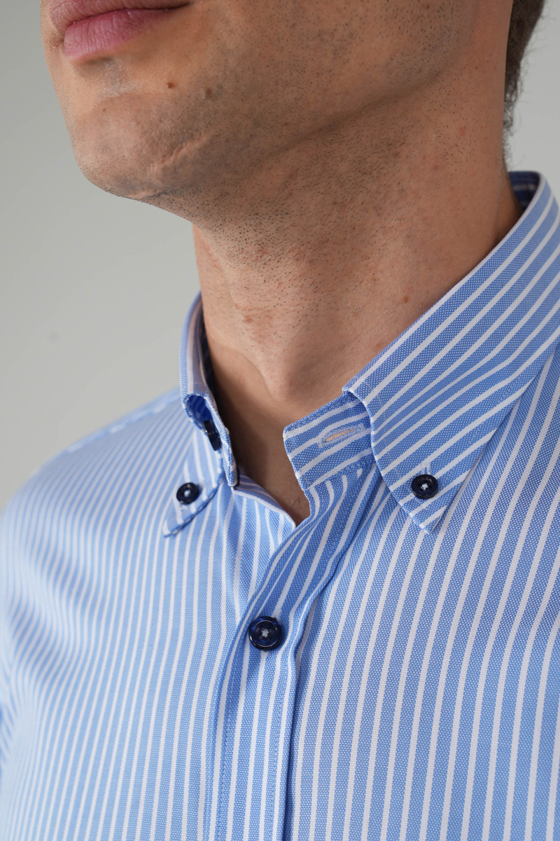 Erkek Uzun Kollu Pamuk Mavi Çizgili Gömlek - 3