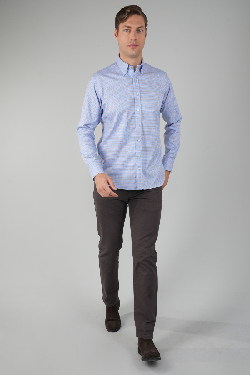 Erkek Uzun Kollu Reguar Fit Kahve Kareli Mavi Gömlek - 6