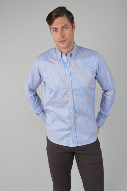 Erkek Uzun Kollu Reguar Fit Kahve Kareli Mavi Gömlek - 1