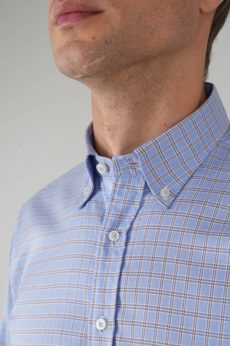 Erkek Uzun Kollu Reguar Fit Kahve Kareli Mavi Gömlek - 3