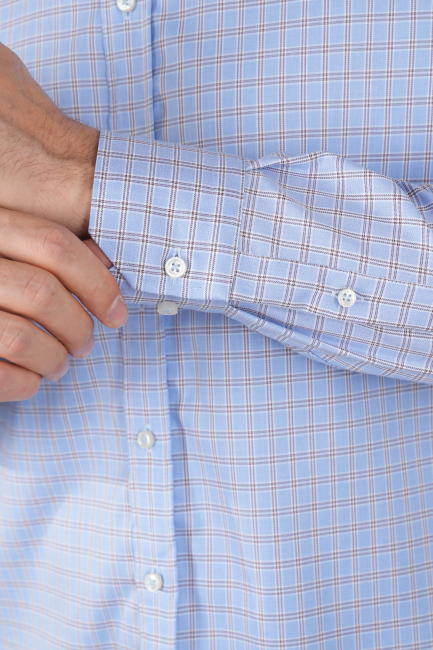 Erkek Uzun Kollu Reguar Fit Kahve Kareli Mavi Gömlek - 4