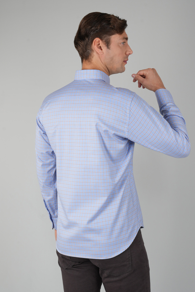 Erkek Uzun Kollu Reguar Fit Kahve Kareli Mavi Gömlek (1)