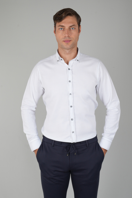Erkek Uzun Kollu Regular Fit Haki Dikişli Beyaz Gömlek - 1